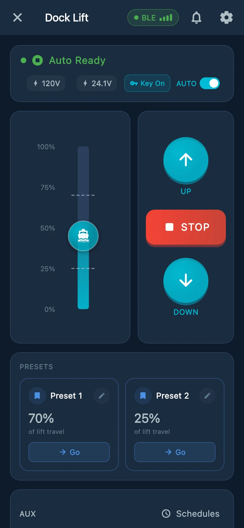 Atlantis Boater example showing lift position, UP, STOP, DOWN, and saved presets